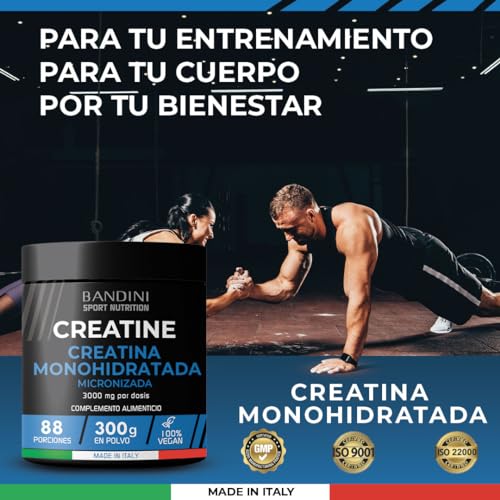 Bandini® Creatina Monohidratada MERCURIO FREE en Polvo 100% Pura - Para mejorar el Rendimiento y la Potencia Muscular - Sin aditivos - 100% Vegano - Incluye dosificador - 300 gramos y 88 porciones