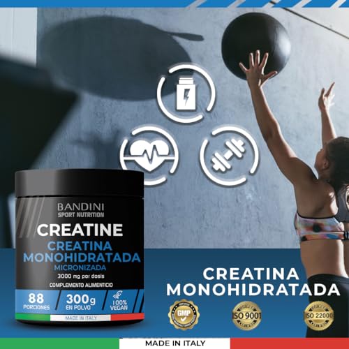 Bandini® Creatina Monohidratada MERCURIO FREE en Polvo 100% Pura - Para mejorar el Rendimiento y la Potencia Muscular - Sin aditivos - 100% Vegano - Incluye dosificador - 300 gramos y 88 porciones