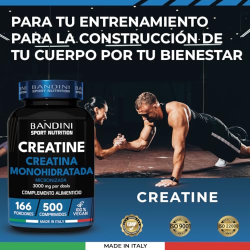 Bandini® Creatina Monohidratada Micronizada SIN MERCURIO 500 Comprimidos (3000 mg por dosis) - Suplemento de Entrenamiento y Pre-Entrenamiento 100% Vegan - Monohidrato de Creatine Micronizado Puro