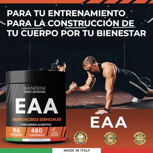 Bandini® EAA Aminoácidos Esenciales 480 TABLETAS - Con 9 Aminoácidos Esenciales Intra Pre y Post Entrenamiento - Promueve el crecimiento y la recuperación muscular - Vegano y sin azúcar