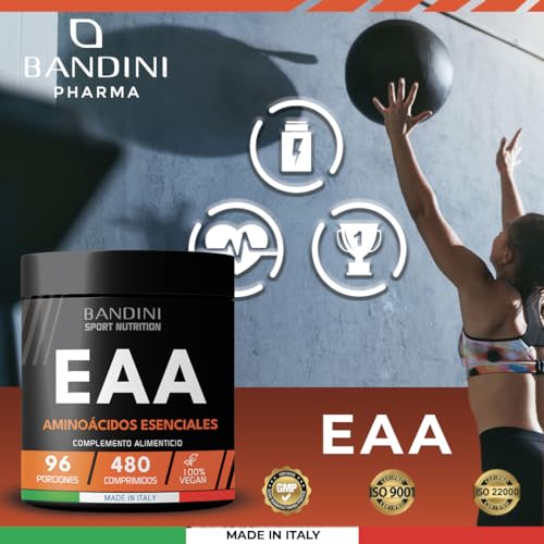 Bandini® EAA Aminoácidos Esenciales 480 TABLETAS - Con 9 Aminoácidos Esenciales Intra Pre y Post Entrenamiento - Promueve el crecimiento y la recuperación muscular - Vegano y sin azúcar