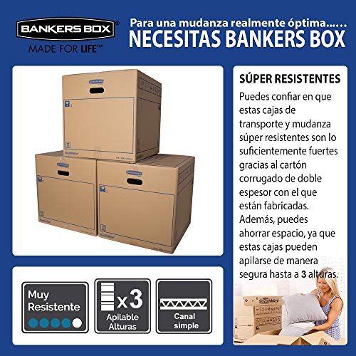 Bankers Box 6208301 Pack 10 Cajas de Cartón con Asas para Mudanzas, Almacenaje y Transporte Ultrarresistentes, Canal Simple Reforzado, 32 Litros, Marrón, 43 x 30 x 25 cm