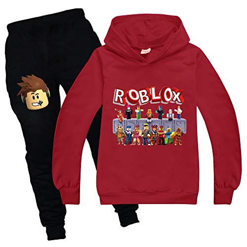 Baonmy Boys Roblox Jersey con capucha y pantalones, trajes de chándal Personajes de dibujos animados Suéter de algodón con capucha Pantalones Conjuntos de ropa (Red, 9-10 Years)