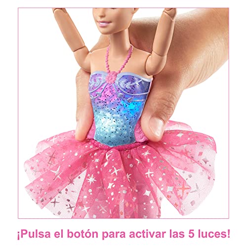 Barbie Dreamtopia Bailarina con luces Muñeca rubia articulada con tutú rosa e iluminación mágica, juguete +3 años (Mattel HLC25)