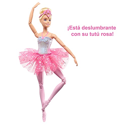 Barbie Dreamtopia Bailarina con luces Muñeca rubia articulada con tutú rosa e iluminación mágica, juguete +3 años (Mattel HLC25)