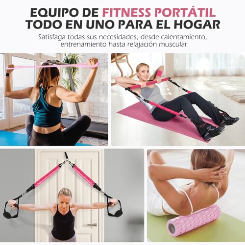 Barra de Pilates, ALongSong Barra Pilates Hecha de Hierro con 6 Bandas de Resistencia de Tela de Tubo de Látex Natural 20-240lbs, Rodillo de Espuma y Correa Elástica Trasera,Fitness en Casa para Mujer