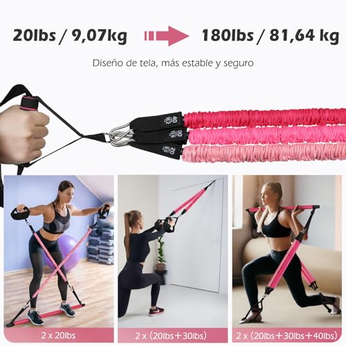 Barra de Pilates, ALongSong Barra Pilates Hecha de Hierro con 6 Bandas de Resistencia de Tela de Tubo de Látex Natural 20-240lbs, Rodillo de Espuma y Correa Elástica Trasera,Fitness en Casa para Mujer