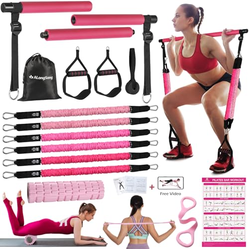 Barra de Pilates, ALongSong Barra Pilates Hecha de Hierro con 6 Bandas de Resistencia de Tela de Tubo de Látex Natural 20-240lbs, Rodillo de Espuma y Correa Elástica Trasera,Fitness en Casa para Mujer