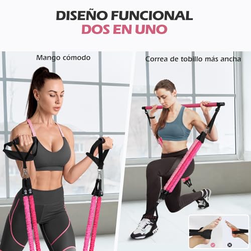 Barra de Pilates, ALongSong Barra Pilates Hecha de Hierro con 6 Bandas de Resistencia de Tela de Tubo de Látex Natural 20-240lbs, Rodillo de Espuma y Correa Elástica Trasera,Fitness en Casa para Mujer