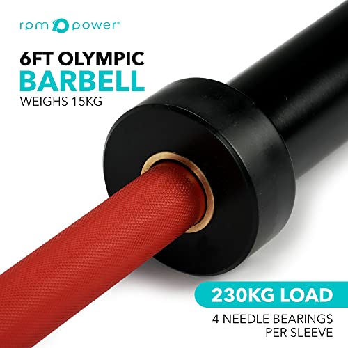 Barra olímpica de potencia RPM roja y negra (1800 mm / 15 kg), perfecta para levantamiento de pesas, entrenamiento de fuerza y entrenamientos en casa