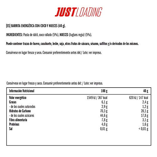 Barrita Energética Natural Dátil, coco y nueces 40g - Just Loading