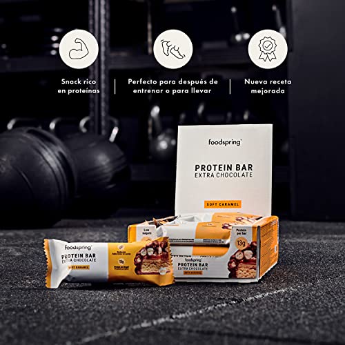 Barritas proteicas Extra Choco foodspring - 13 g de proteína por barrita, sin azúcar añadido, nutritivo snack para después del entrenamiento o para llevar - Soft Caramel - 12 x 45 g