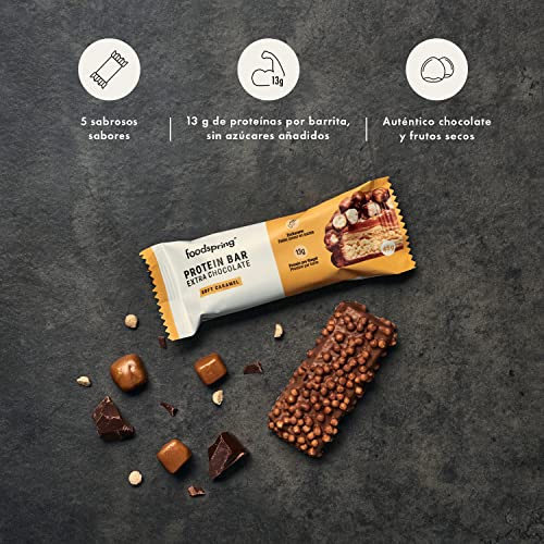 Barritas proteicas Extra Choco foodspring - 13 g de proteína por barrita, sin azúcar añadido, nutritivo snack para después del entrenamiento o para llevar - Soft Caramel - 12 x 45 g