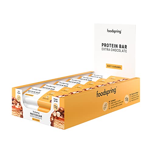 Barritas proteicas Extra Choco foodspring - 13 g de proteína por barrita, sin azúcar añadido, nutritivo snack para después del entrenamiento o para llevar - Soft Caramel - 12 x 45 g