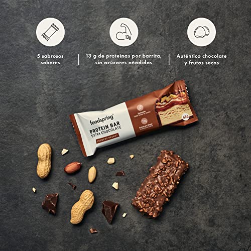 Barritas proteicas Extra Choco foodspring - 13 g de proteína por barrita, sin azúcar añadido, nutritivo snack para después del entrenamiento o para llevar - Crunchy Peanut - 12 x 45 g