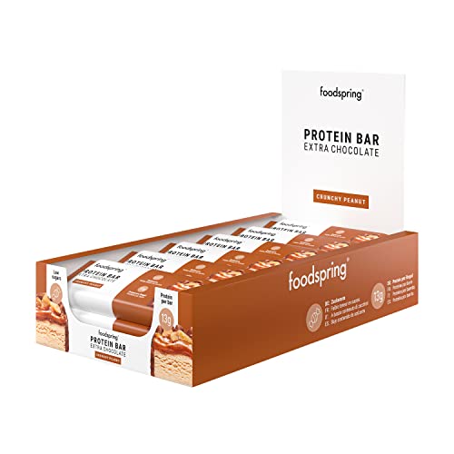 Barritas proteicas Extra Choco foodspring - 13 g de proteína por barrita, sin azúcar añadido, nutritivo snack para después del entrenamiento o para llevar - Crunchy Peanut - 12 x 45 g