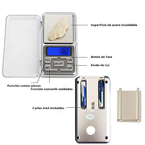 Báscula Digital de Precisión, Báscula portátil de Bolsillo, Pantalla LCD Retroiluminada, Precisión con Función de Tara, Acero inoxidable, Mini balanza para joyería, cocina, pastillas, infusiones