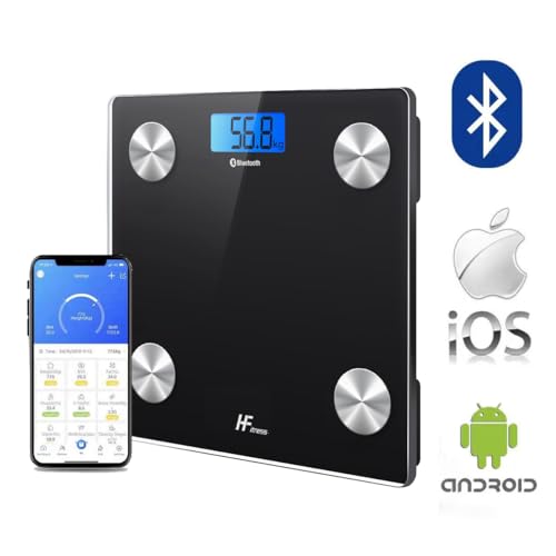 Báscula Grasa Corporal Bluetooth, Báscula de Baño Digital con App, Báscula Inteligente y Monitor de Composición Corporal con Medición de Metabolismo Basal e IMC (negro, LCD azul retroiluminado)