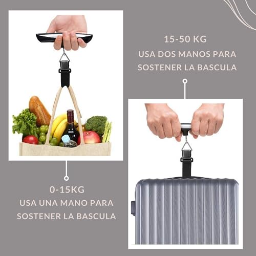 Bascula Maletas Viaje + Cinta Metrica - Balanza Maletas Viaje Hasta 50 Kg, Controla Las Dimensiones Y Peso Maletas Viaje. Peso para maletas de viaje precisa y con Pantalla LCD. Accesorios de viaje.