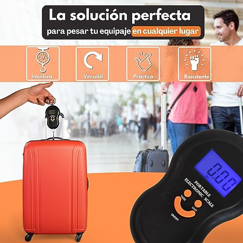 Báscula para Maletas de Viaje Digital con Gancho - Peso Maletas Viaje hasta 50 Kg - Balanza Electrónica de Mano para Equipaje, Pesca, Cocina - Pesa Colgante Portátil con Pantalla LCD, Incluye Pilas