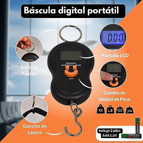 Báscula para Maletas de Viaje Digital con Gancho - Peso Maletas Viaje hasta 50 Kg - Balanza Electrónica de Mano para Equipaje, Pesca, Cocina - Pesa Colgante Portátil con Pantalla LCD, Incluye Pilas