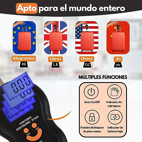 Báscula para Maletas de Viaje Digital con Gancho - Peso Maletas Viaje hasta 50 Kg - Balanza Electrónica de Mano para Equipaje, Pesca, Cocina - Pesa Colgante Portátil con Pantalla LCD, Incluye Pilas