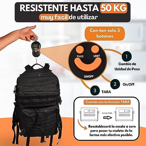 Báscula para Maletas de Viaje Digital con Gancho - Peso Maletas Viaje hasta 50 Kg - Balanza Electrónica de Mano para Equipaje, Pesca, Cocina - Pesa Colgante Portátil con Pantalla LCD, Incluye Pilas