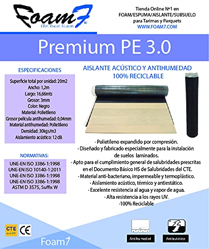 Base Aislante FOAM7 PREMIUM PE 3.0 de 3mm. 20m2 Mejor Estabilidad Tarima y Parquet; con film antihumedad. 30kg/m3 PE Densidad. 100% Ecológico