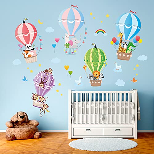 BASHOM BS-104 Animales en globo aerostático Pegatinas de pared infantiles dormitorio aerostáticos habitación niños decorativas vinilo adhesiva globo aerostático bebés para guardería guardera