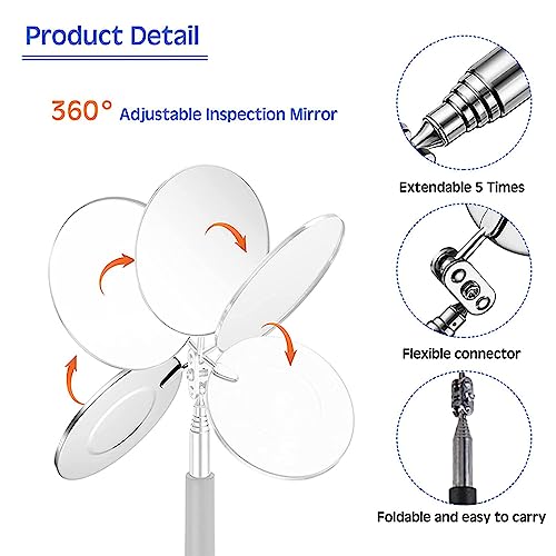 Bavooty Espejo Telescópico Redondo,Espejo Telescópico Extensible,Espejo de Inspección Acero Inoxidable,Espejo de Inspección Ajustable,Espejo de Inspección,Espejo Telescópico Portátil,24.5-96cm