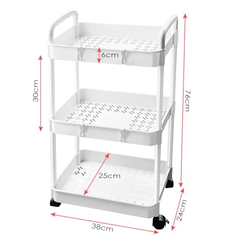 Baxcdyswe Carrito de Cocina, 3 Niveles Blanco Plástico con Ruedas Carro Multiusos, Baño Carrito Auxiliar Cocina, Almacenaje Estante de Almacenamiento para Oficina, Sala, Lavadero, Espacio Estrecho