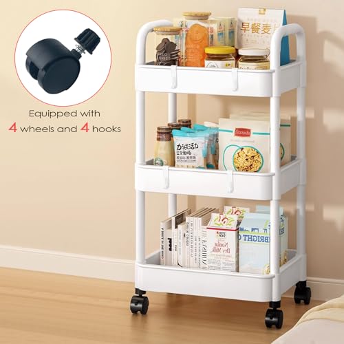 Baxcdyswe Carrito de Cocina, 3 Niveles Blanco Plástico con Ruedas Carro Multiusos, Baño Carrito Auxiliar Cocina, Almacenaje Estante de Almacenamiento para Oficina, Sala, Lavadero, Espacio Estrecho