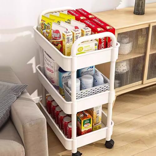 Baxcdyswe Carrito de Cocina, 3 Niveles Blanco Plástico con Ruedas Carro Multiusos, Baño Carrito Auxiliar Cocina, Almacenaje Estante de Almacenamiento para Oficina, Sala, Lavadero, Espacio Estrecho