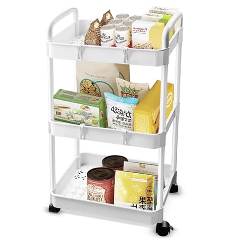 Baxcdyswe Carrito de Cocina, 3 Niveles Blanco Plástico con Ruedas Carro Multiusos, Baño Carrito Auxiliar Cocina, Almacenaje Estante de Almacenamiento para Oficina, Sala, Lavadero, Espacio Estrecho