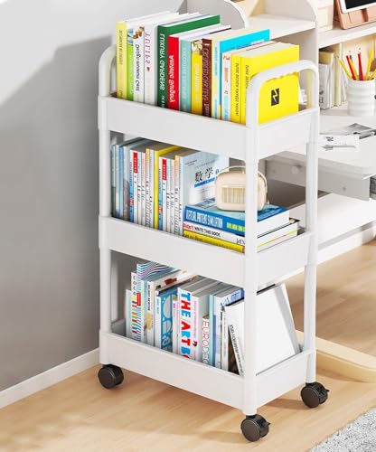 Baxcdyswe Carrito de Cocina, 3 Niveles Blanco Plástico con Ruedas Carro Multiusos, Baño Carrito Auxiliar Cocina, Almacenaje Estante de Almacenamiento para Oficina, Sala, Lavadero, Espacio Estrecho