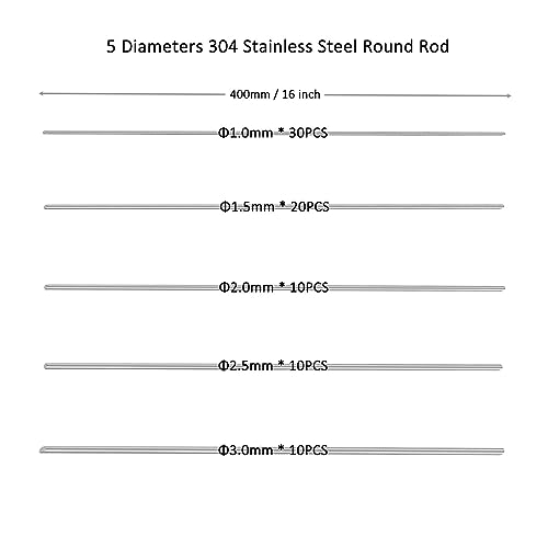 BBYPP 80 piezas varillas redondas de acero inoxidable 40cm, 5 diámetros barra redonda sólida de acero inoxidable 1mm 1.5mm 2mm 2.5mm 3mm, Longitud 400mm, Barres acero inoxidable 304