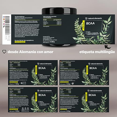 BCAA – 360 cápsulas pequeñas – aminoacidos esenciales: leucina, isoleucina y valina – veganos, alta dosificación, sin aditivos – producido en Alemania y probado en laboratorio