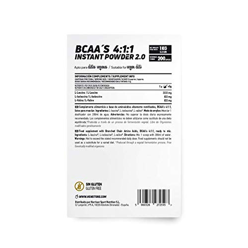 BCAA 4:1:1 de HSN | Sin Sabor 1 Kg = 200 Tomas por Envase de 5 Gramos Aminoácidos Ramificados por Dosis Diaria (Leucina + Valina + Isoleucina) | No-GMO, Vegano, Sin Gluten