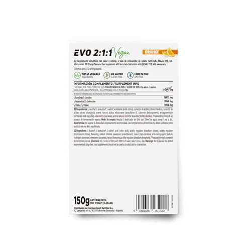 BCAA en Polvo de HSN Evo 2:1:1 | Sabor Naranja 150 g = 30 Tomas por Envase de Aminoácidos Ramificados Veganos: Leucina + Valina + Isoleucina | No-GMO, Sin Gluten