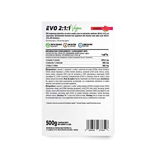 BCAA en Polvo de HSN Evo 2:1:1 | Sabor Sandía 500 g = 100 Tomas por Envase de Aminoácidos Ramificados Veganos: Leucina + Valina + Isoleucina | No-GMO, Sin Gluten