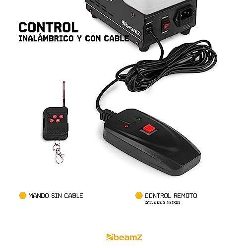 BeamZ Rage 1000 - potencia de1000 W, depósito de 2 litros, 2 mandos a distancia, 1 inalámbrico y otro con cable de 3m, caudal de 123 m3/min de humo por minuto, tiempo de calentamiento de 4 minutos