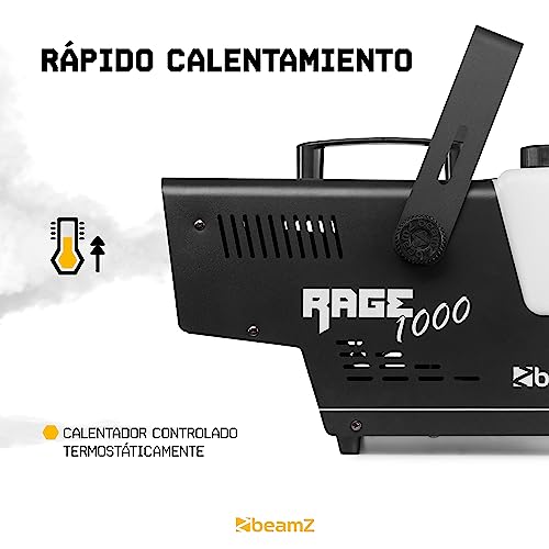 BeamZ Rage 1000 - potencia de1000 W, depósito de 2 litros, 2 mandos a distancia, 1 inalámbrico y otro con cable de 3m, caudal de 123 m3/min de humo por minuto, tiempo de calentamiento de 4 minutos