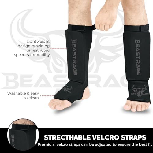 BEAST RAGE Espinilleras para Muay Thai, Kickboxing, MMA, Taekwondo, boxeo, artes marciales, calcetines elásticos acolchados para piernas, espinilleras, entrenamiento de sparring, karate BJJ (M, negro)