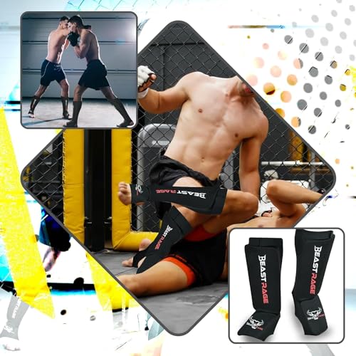 BEAST RAGE Espinilleras para Muay Thai, Kickboxing, MMA, Taekwondo, boxeo, artes marciales, calcetines elásticos acolchados para piernas, espinilleras, entrenamiento de sparring, karate BJJ (M, negro)