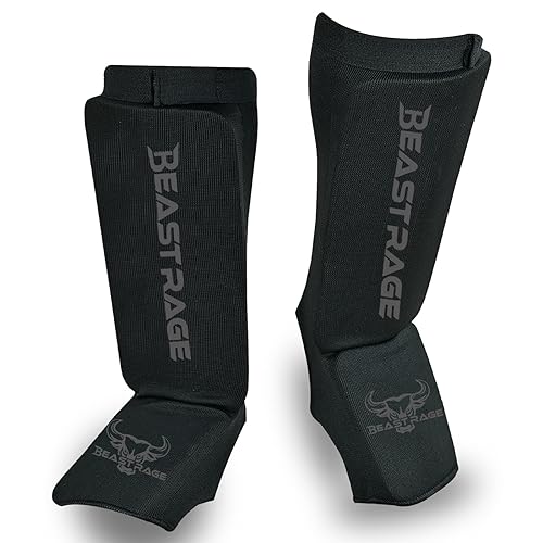 BEAST RAGE Espinilleras para Muay Thai, Kickboxing, MMA, Taekwondo, boxeo, artes marciales, calcetines elásticos acolchados para piernas, espinilleras, entrenamiento de sparring, karate BJJ (M, negro)