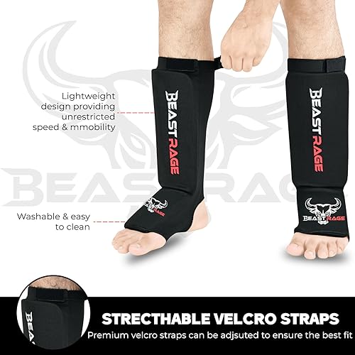 BEAST RAGE Espinilleras para Muay Thai, Kickboxing, MMA, Taekwondo, Boxeo, Artes Marciales, Calcetines Elásticos Acolchados para Piernas, Espinilleras, Entrenamiento de Sparring, Karate BJJ (XL, NEGRO