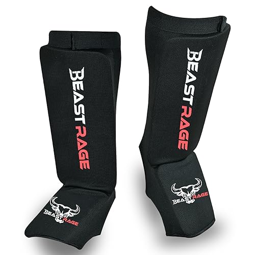 BEAST RAGE Espinilleras para Muay Thai, Kickboxing, MMA, Taekwondo, Boxeo, Artes Marciales, Calcetines Elásticos Acolchados para Piernas, Espinilleras, Entrenamiento de Sparring, Karate BJJ (XL, NEGRO