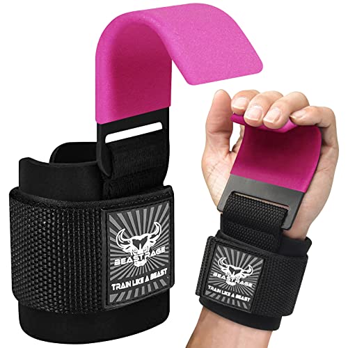 BEAST RAGE Ganchos para levantamiento de pesas, correas de muñeca de neopreno grueso acolchado con revestimiento de goma, antideslizantes, levantamiento de peso, entrenamiento, gimnasio,