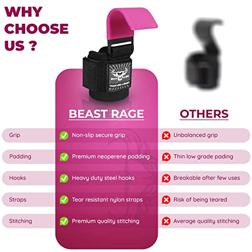 BEAST RAGE Ganchos para levantamiento de pesas, correas de muñeca de neopreno grueso acolchado con revestimiento de goma, antideslizantes, levantamiento de peso, entrenamiento, gimnasio,