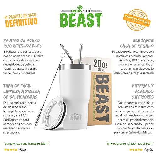 BEAST Termo Café para Llevar - 550ml I Blanco Ártico I Taza Térmica de Acero Inoxidable Reusable I Taza Viajera de Doble Pared al Vacío I 2 Pajitas y Cepillo de Limpieza I para Café Frío o Caliente